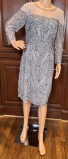 Adrianna Papell Beaded Illusion Sheath Dress In Silver/Taupe , Knee Length Sz 10