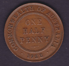 AUSTRALIA 1922 HALF PENNY - GEORGE V - VF COIN 5 PEARLS (HM88.3)