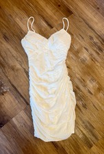 Windsor Medium White Mini Dress—Spaghetti Straps, Flattering Ruche Bodycon Drape