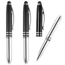 3Pcs Ballpoint Pen with Stylus Tip and LED Flashlight Metal Pen Black