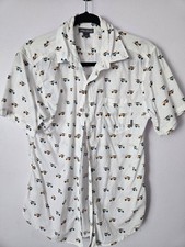 Eddie Bauer White Short-Sleeve Button-Down Shirt with Blue and Brown Car Print