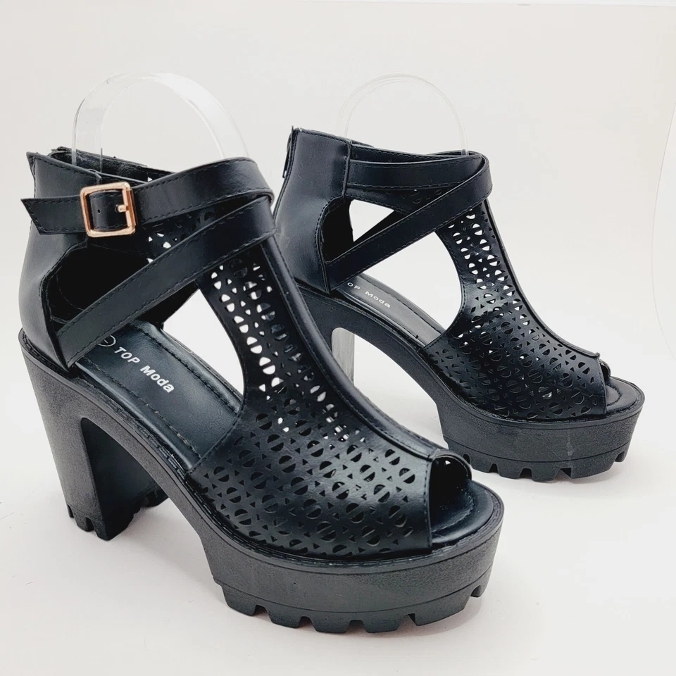 Top Moda Womens Black Platfom Peep Toe Cage Faux Leather Size 7 - Image 2 of 4