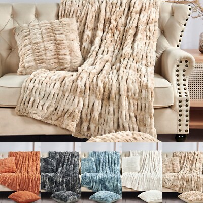 Shar Pei Luxury Faux Fur Throw Blanket Set 3PC Plush Ruched w/ Pillow Covers