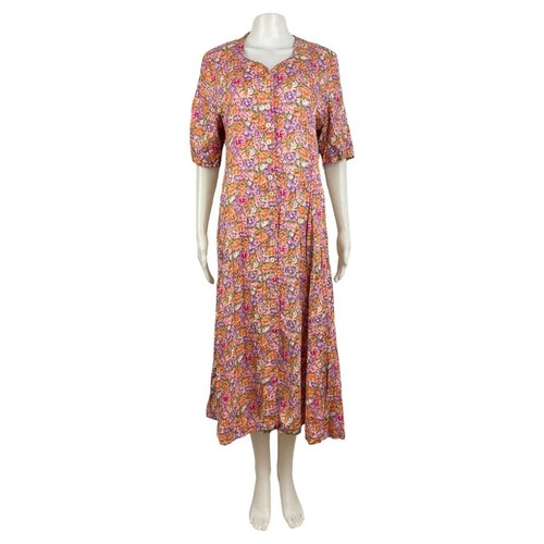 Vintage Floral Print Midi Dress Size Medium 1980s Colorful Button Down Frock - Picture 5 of 9