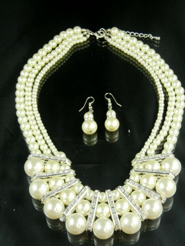Elegant 3 Layer Multi Creamy Pearls Bridal Drape Crystal Necklace Earrings Set - Picture 2 of 2