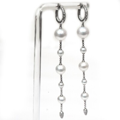 DAVID YURMAN New Pearl and Pave Diamond Long Drop Earrings in Sterling  Silver