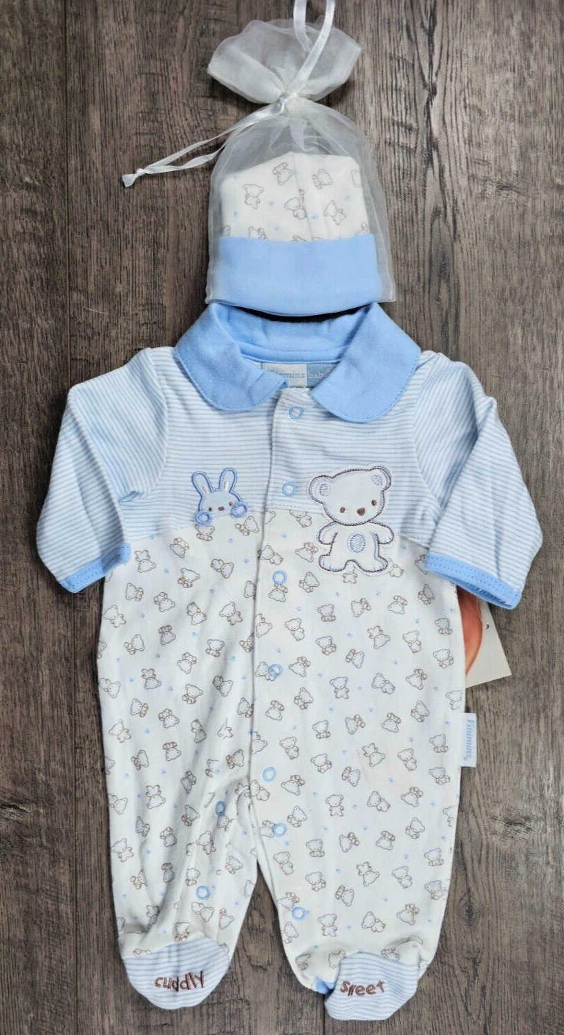 Baby Boy Clothes New Vitamins Baby Preemie 2pc Blue Bear Footed Outfit & Hat