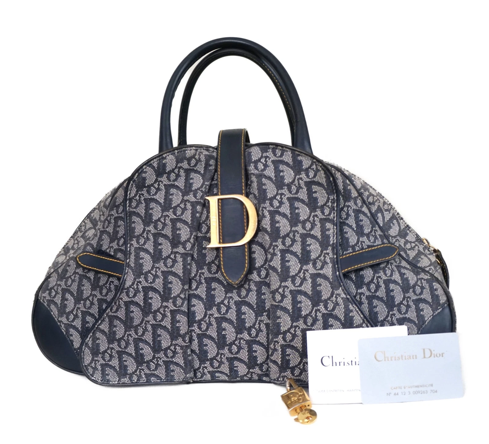 Sac bowler double selle CHRISTIAN DIOR 2001 bleu diorissimo monogramme boucle D