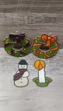 4 Vintage Stained Glass Suncatcher Christmas Ornaments Frosty Wreath Candle