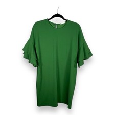 MEDIUM FIRST LOVE GREEN DRESS RUFFLE SLEEVES SHEATH STRETCH EVENT PARTY