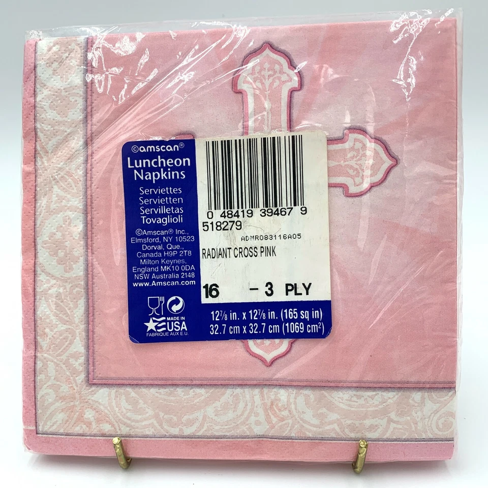 16 Count Luncheon Napkins Radiant Cross Pink Baptism 1st Communion Confirmation - Image 2 of 2