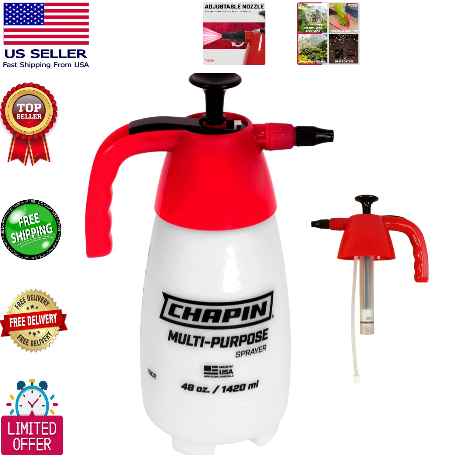 Heavy-Duty 48oz Adjustable Nozzle Sprayer for Home and Garden