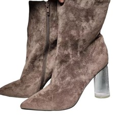 Jeffrey Campbell Lustful Suede Bootie Lucite Heel Size 9.5 Taupe Side Zip
