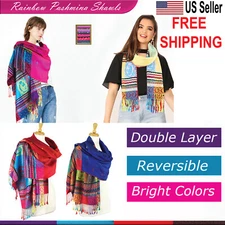 US-SELLER New Reversible Rainbow Pashmina Scarf Shawl Wrap Elegant Colors