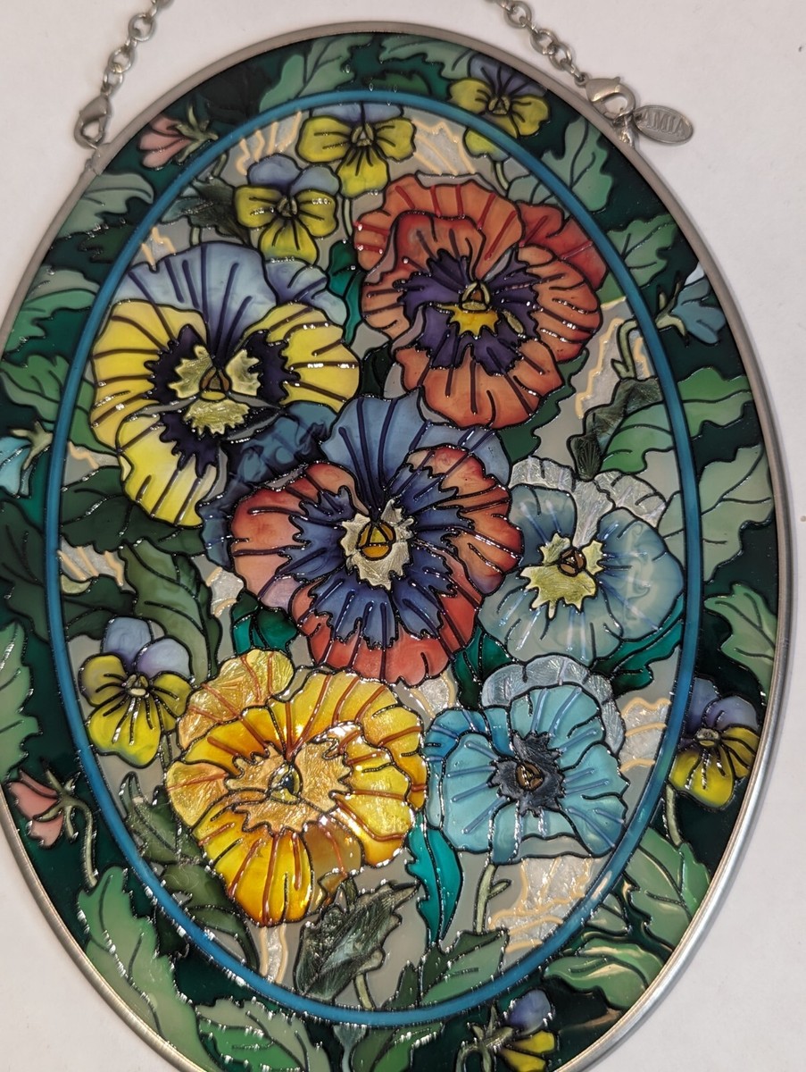 廃盤Amia製 手描き花柄ガラス花瓶 ステンドグラス風 明るいインテリアに Amia Stained Glass Suncatcher Hand painted Denver CO Floral - Oval