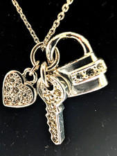 Silver Tone Heart Key Lock Shaped Rhinestone Studded Charm Pendant