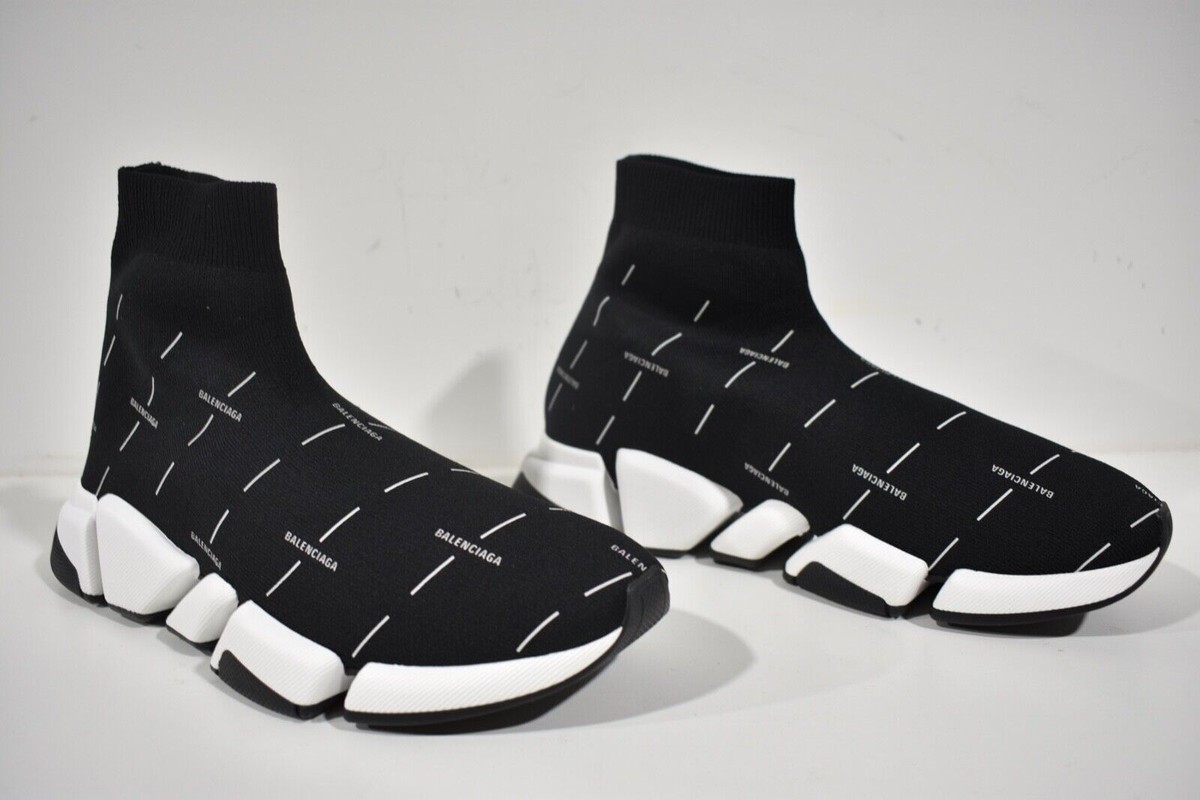 Balenciaga Mens Speed 2.0 Sock Black White All Over Logo  display picture 1