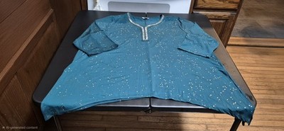 Catherines 2X Tunic Top Teal Green Gold Metallic Sparkle Dot Sharkbite Hem Boho