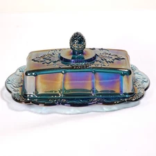 VTG Indiana Glass Iridescent Carnival Blue Covered Butter Dish Lid Harvest Grape