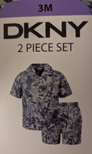 DKNY Boys Girls Button Down Shirt Shorts Blue Palm Trees 2-Piece Cabana Set 3MTH