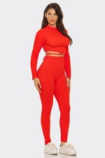 Women  s Ribbed Two-Piece Lounge Set   Long Sleeve Crop Top  High-Waisted Leggin