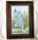 AVA FREEMAN Vtg Watercolor Art Print in Original Mat/Frame Victorian Home Blue