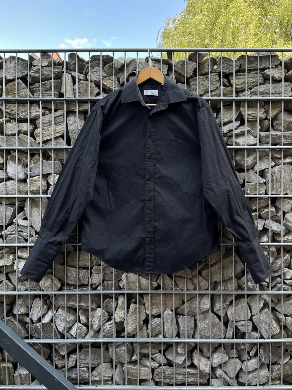 Camicia bianca vintage Yves Saint Laurent YSL Paris nera manica lunga lusso bottoni