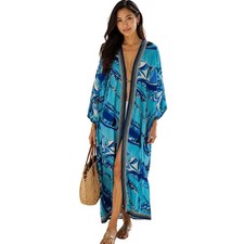 Resort Blue Geo Print  Maxi Kaftan Caftan Coverup Duster Robe OS