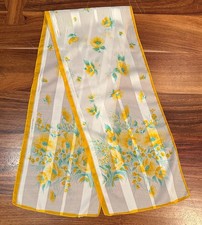 Vintage Long Floral Scarf 53" x 11" Yellow Green White Sheer