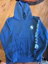Carhartt Boys Blue Pullover Hoodie Fleece Logo Long Sleeve Size S 8-10 