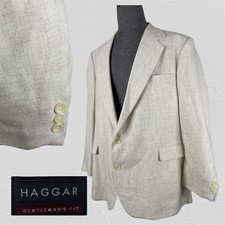 Haggar Blazer Jacket Mens 50R Cream Beige Solid Textured Silk Linen USA Made