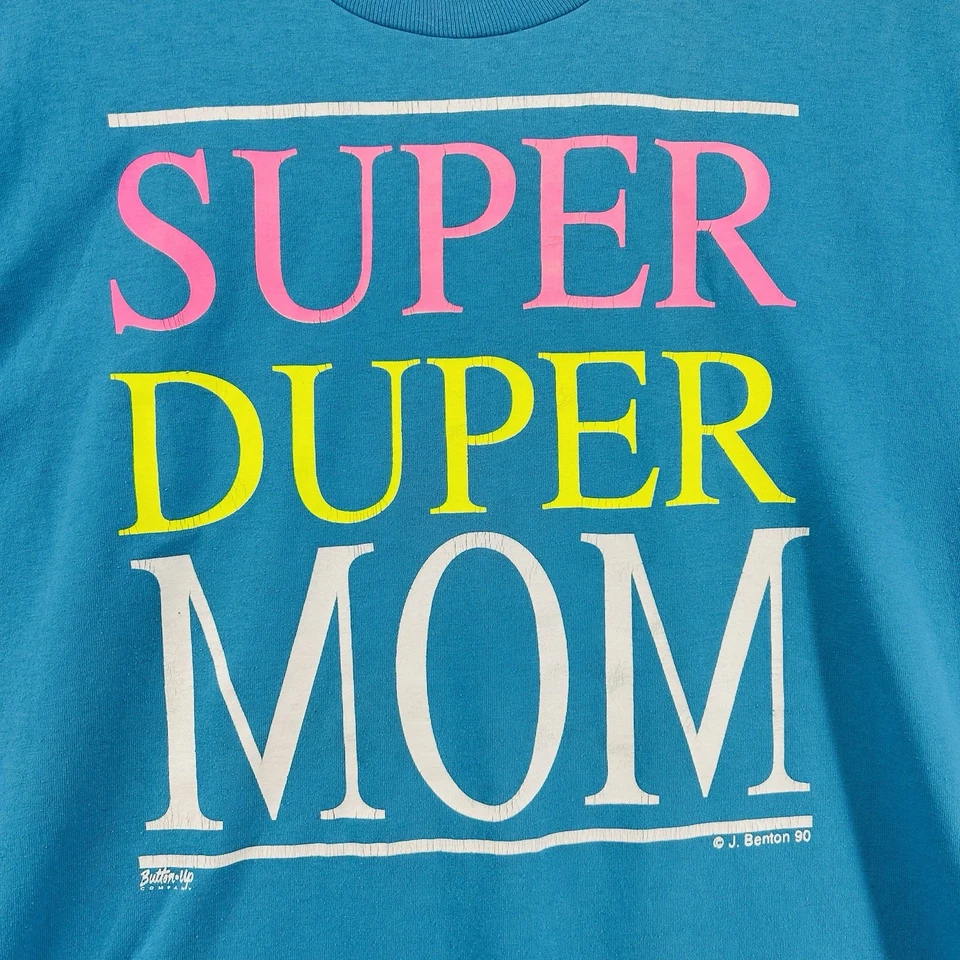 Camisa De Colección Super Duper Mamá Azul/Verde Para Mujer XL Puntada Única Hecha en EE. UU. Años 90 Foto 2 de 4