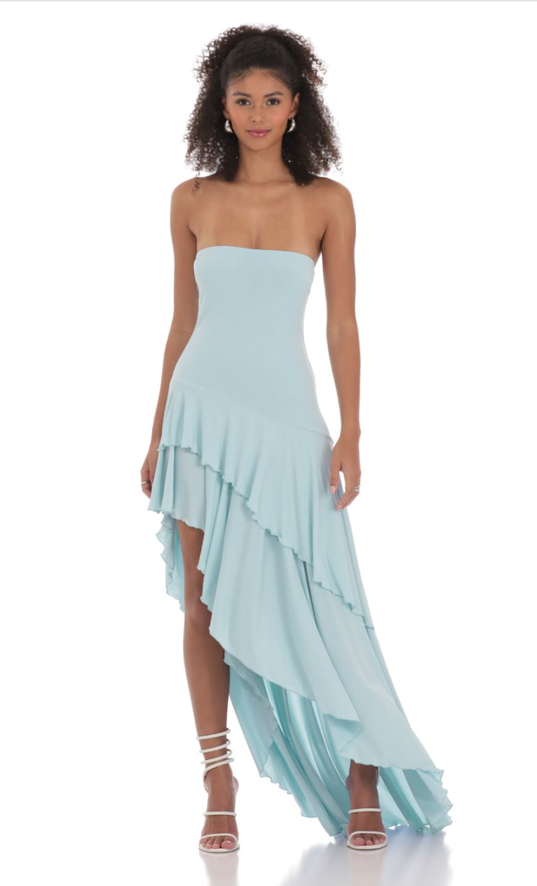 Strapless Ruffle Asymmetrical Maxi Dress Prom Dresses
