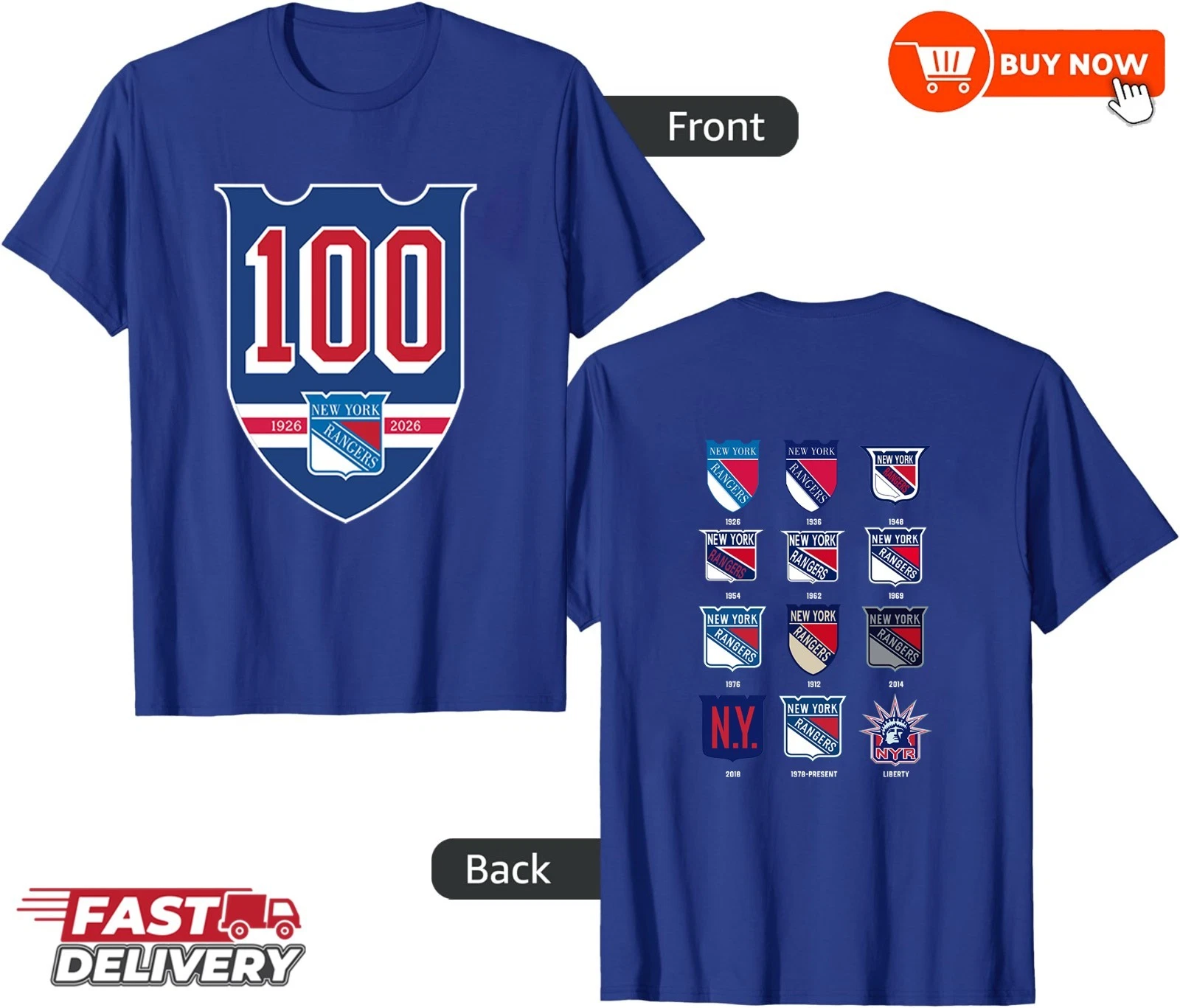 New York Rangers 100th Anniversary 1926-2026 Double Sided T-Shirt - Full Color, All Sizes