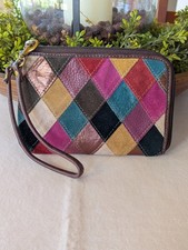 Vtg Fossil Patchwork Leather Suede Wristlet Clutch Multicolor Boho Zip Purse Y2K