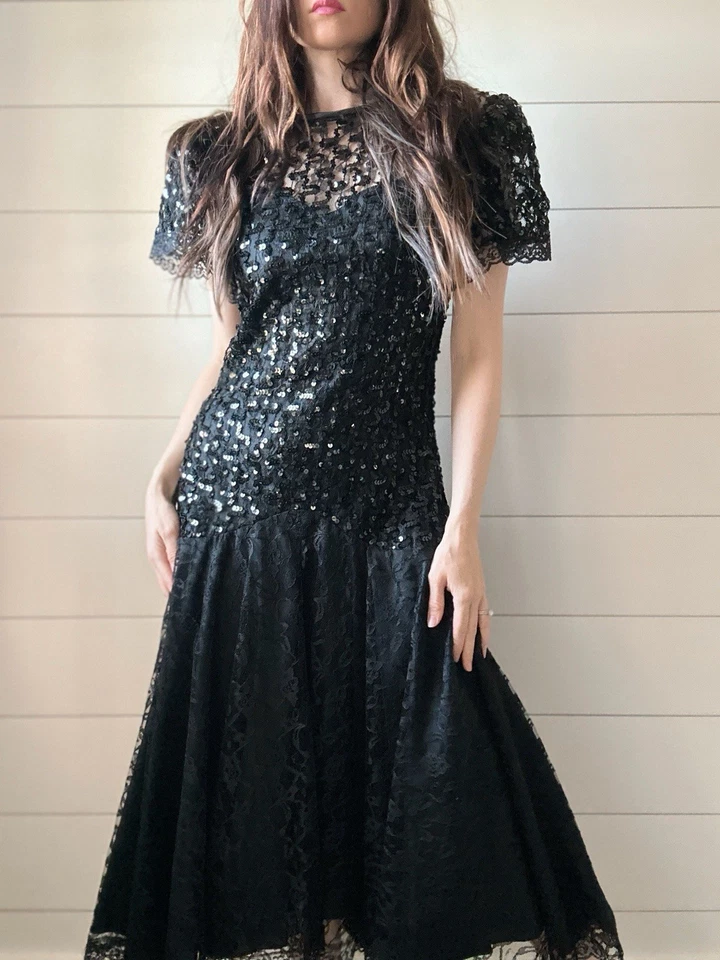 Vestido formal de lentejuelas corpiño de graduación cintura caída gótico Lilith oscuro de la década de 1980  Foto 4 de 4