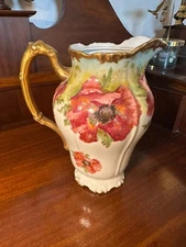 Antique J.P. L. Pouyat Limoges France Hand-Painted Poppy Pitcher – 8” Tall