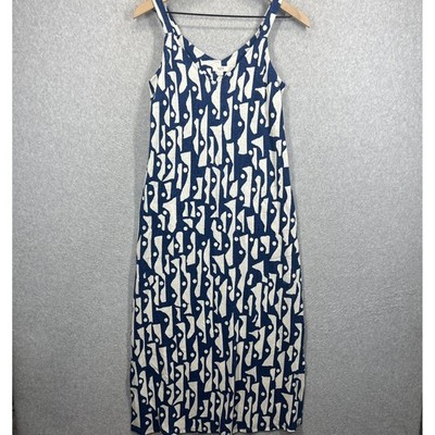 NZT Nic+Zoe Maxi Dress Womens XS Blue White Geometric Linen Blend Sleeveless EUC