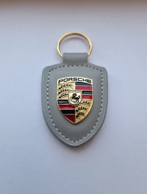 Porsche Leather Crest Car Keyring Keychain Light Grey