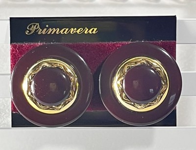 Vintage 80s Primavera Brown Acrylic Gold Accent 1 Clip-On Earrings Original Card