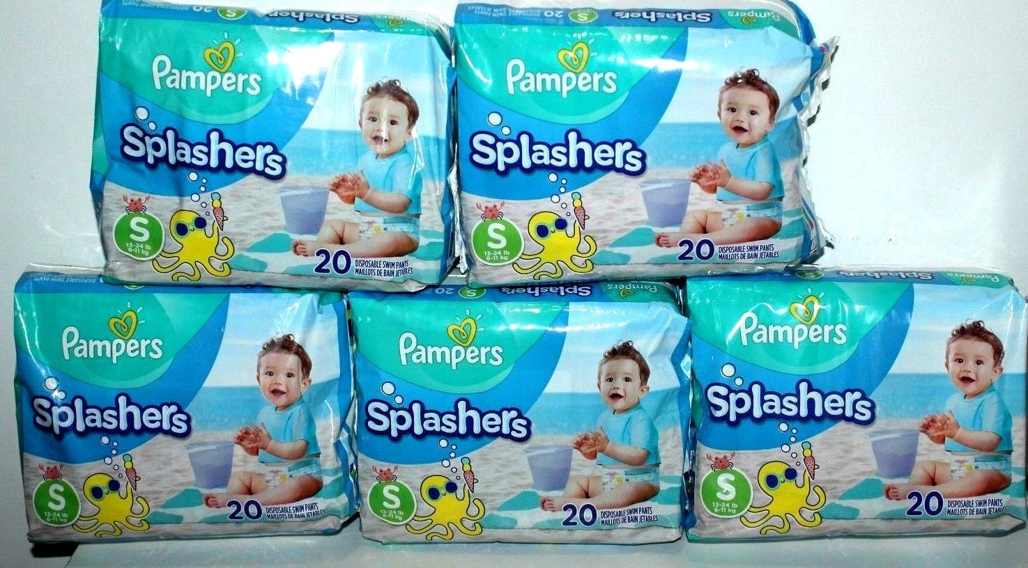 5 PACKS PAMPERS SPLASHERS DISPOSABLE SWIM PANTS DIAPERS SMALL 13-24 LBS 20 PCS