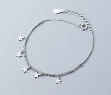Women Girl 925 Sterling Silver Dangle Stars Double Chain Anklet Bracelet 8.7-10"
