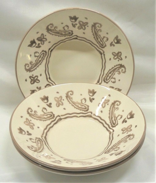 World Market Cereal Bowls x2 Beige Paisley Design White w/ Beige Design Portugal