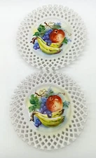 1950s Lefton China Hand-Painted Fruit  Plates 6350 Reticulated Lattice Edge 
