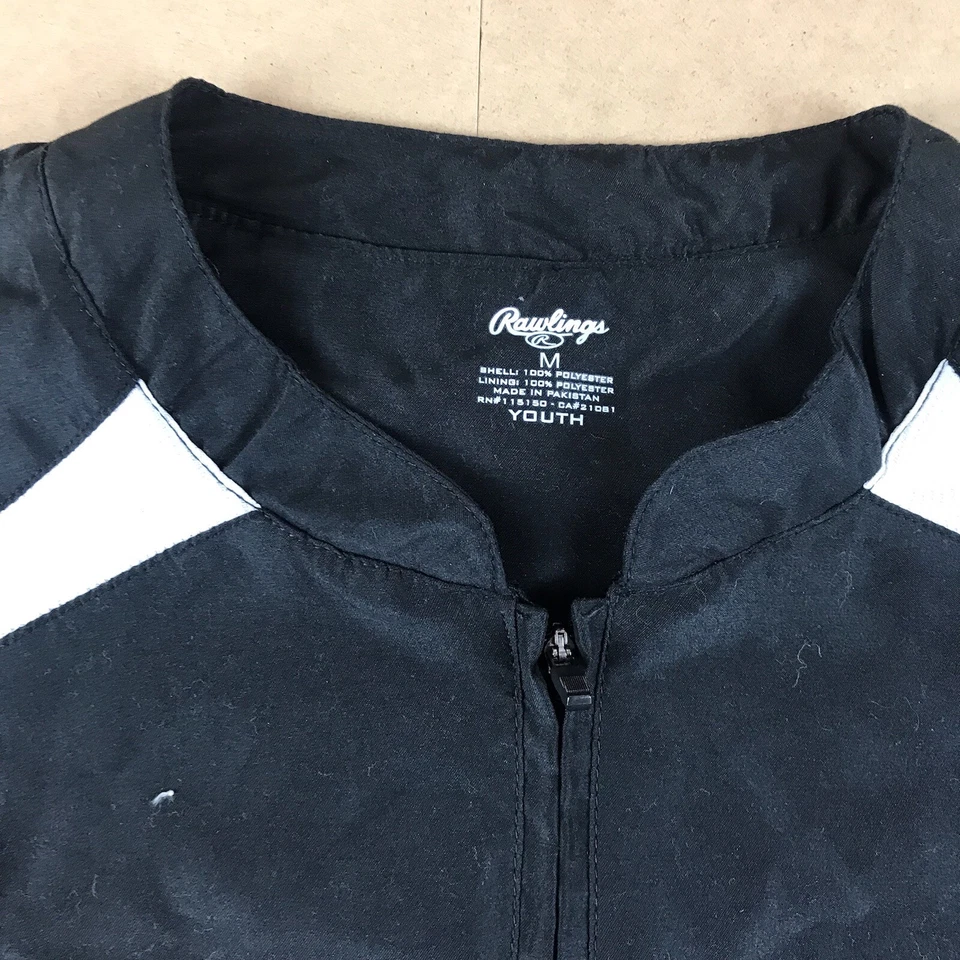NUEVA Chaqueta Rawlings Niños Mediana 1/4 Cremallera Negro Blanco Béisbol Cortavientos #1441 Foto 3 de 4