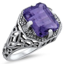 GENUINE AMETHYST 925 STERLING SILVER ART DECO STYLE FILIGREE RING      351