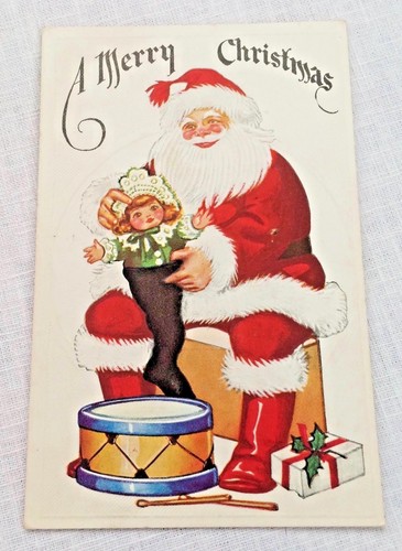 A Merry Christmas Vintage Postcard Santa Doll Drum - Picture 1 of 2