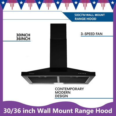 SNDOAS 24/30/36" Wall Mount Range Hood - Black Stainless Steel, 3-Speed, 500 CFM, LED Light