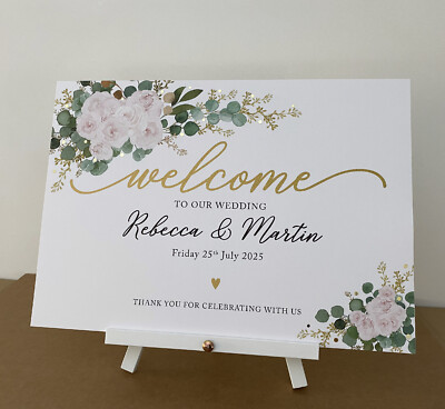 Rouge Rosa Rosen Eukalyptus WILLKOMMEN zur Hochzeit SCHILD Poster Tisch Rustikal Laub
