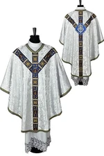 CHASUBLE white,Semi-Gothic style,embroidered, stole burse maniple chalice veil